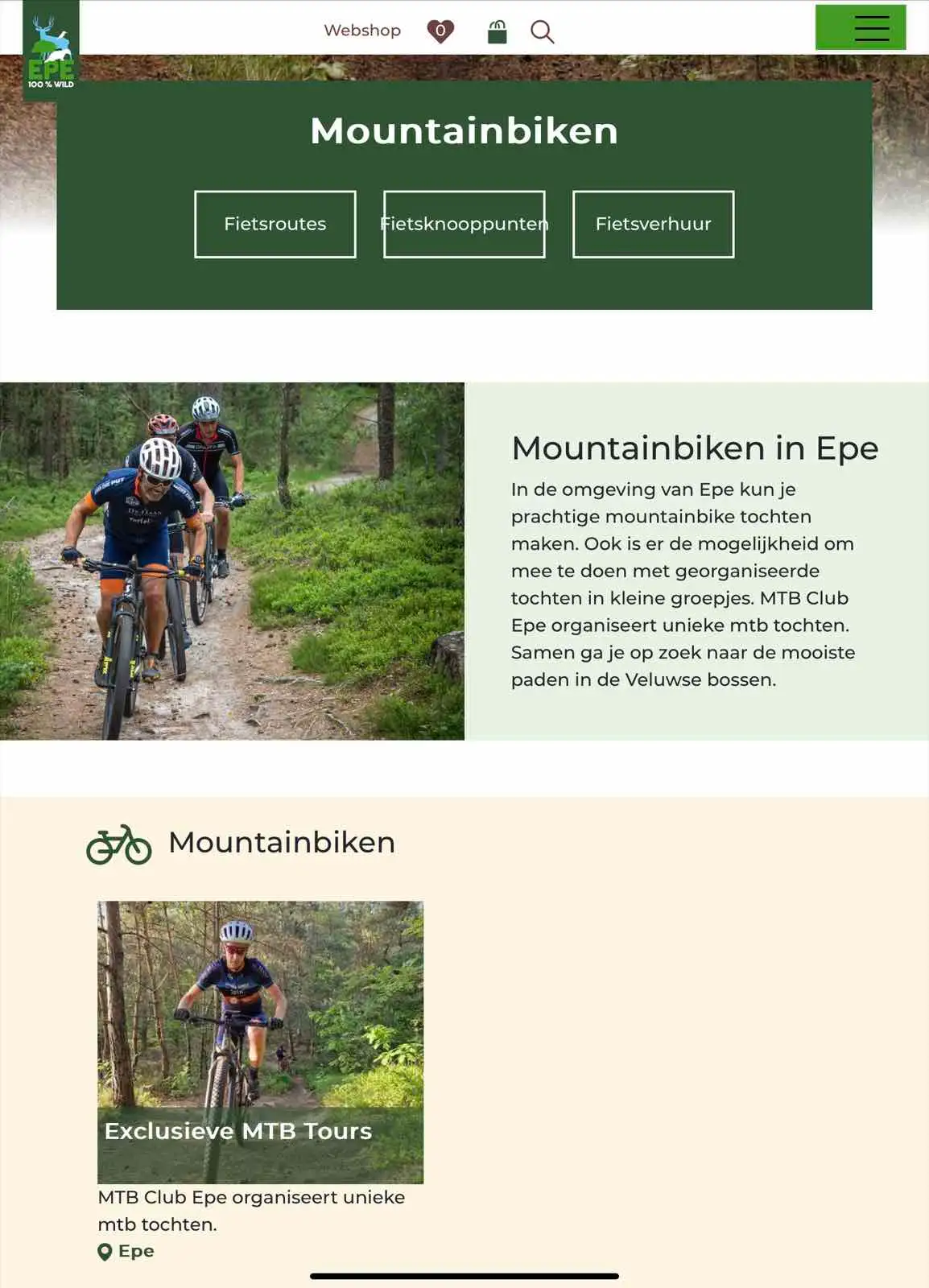 Schermafbeelding van de mountainbikepagina van de VVV Epe met de tochten van MTB Club Epe